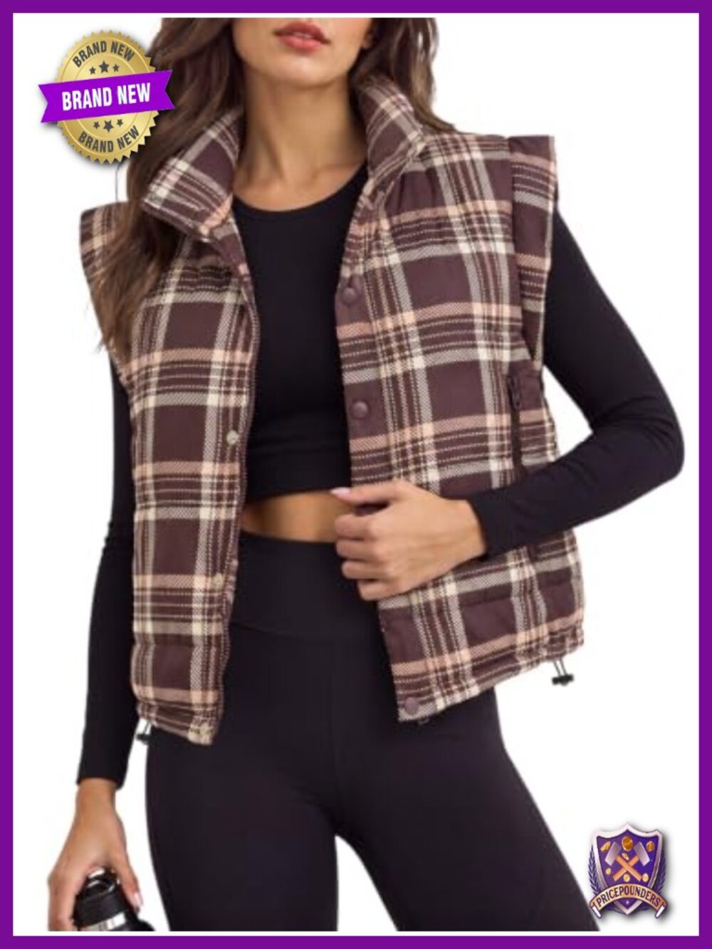 Plaid Quilted Puffer Vest Sleeveless Cropped Gilet Snap Button